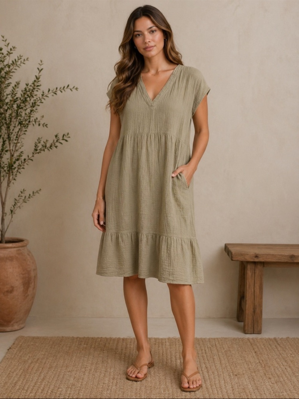 1295. Bobi Taupe V-Neck Women's Dress